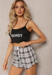 Czarno-Biały Komplet Piżamowy Spodenki High Waist i Krótki Top Urssa. Czarne piżamy damskie Renee, bez wzorów, bez ramiączek. Za 14.99 zł.