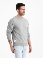 Bluza męska dresowa BASIC z okrągłym dekoltem - szara V8. Szare bluzy męskie Ombre Clothing, m, bez wzorów, z bawełny, bez ramiączek, bez kaptura. W wyprzedaży za 109.49 zł.