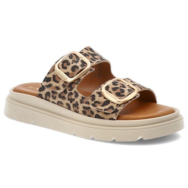 Beżowe Klapki Tamaris Eleganckie Obuwie Damskie Leopard. Brązowe klapki damskie Tamaris, na lato, bez wzorów, eleganckie, bez obcasa, bez zapięcia. Za 249.00 zł.