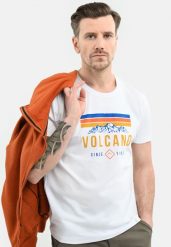 T-shirt z printem T-ADVE. Białe t-shirty męskie Volcano, m, bez wzorów, z bawełny, bez kołnierzyka, bez ramiączek. Za 59.99 zł.