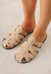 Beżowe Klapki z Paskami w Stylu Gladiatorek z Klamerką Lorianatea. Brązowe klapki damskie Born2be, na lato, bez wzorów, z jeansu, bez obcasa, na płaskiej podeszwie, bez zapięcia. Za 69.99 zł.