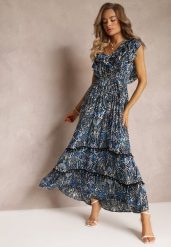 Granatowo-Czarna Wiskozowa Sukienka Maxi z Pomponami i Gumką w Talii Belmona. Niebieskie sukienki damskie Renee, na imprezę, na lato, m, bez wzorów, z wiskozy, bez kołnierzyka, bez ramiączek, maxi, rozkloszowane. Za 89.99 zł.