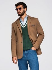 Dzianinowa męska marynarka o dopasowany kroju - jasnobrązowa V4 - Rozmiar: L. Brązowe marynarki męskie Ombre Clothing, l, bez wzorów, z dzianiny, biznesowe, bez kołnierzyka, bez ramiączek. W wyprzedaży za 314.99 zł.