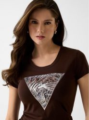 Guess T-Shirt 182454 Brązowy Classic Fit. Brązowe t-shirty damskie Guess, xs, z aplikacjami, bez kołnierzyka, bez ramiączek. Za 194.99 zł.