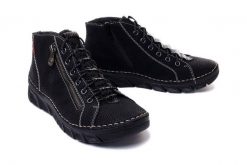 RIEKER 55048-00 black, trzewiki damskie. Czarne botki damskie Rieker, na zimę, bez wzorów, bez obcasa, bez zapięcia. Za 349.90 zł.
