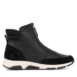 Botki Remonte. Czarne botki damskie Remonte, bez wzorów, bez obcasa, na płaskiej podeszwie, bez zapięcia. Za 351.00 zł.