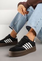 Czarno-Białe Sneakersy Kultowe Tenisówki na Grubej Podeszwie z Tłoczeniami Ellimia. Czarne trampki i tenisówki damskie Renee, bez wzorów, z jeansu, bez zapięcia. Za 99.99 zł.
