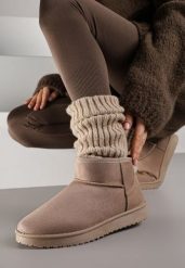 Ciemnobeżowe Śniegowce z Niską Cholewką Retira. Brązowe śniegowce damskie Renee, z jeansu, przed kostkę, bez zapięcia. Za 69.99 zł.