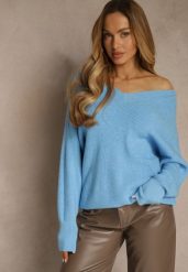 Niebieski Sweter z Dodatkiem Kaszmiru i Trójkątnym Dekoltem Silefera. Niebieskie swetry nierozpinane damskie Renee, bez wzorów, z jeansu, casualowe, bez kołnierzyka, bez ramiączek. Za 99.99 zł.