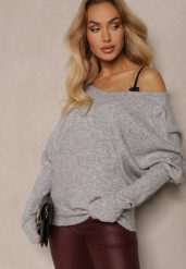 Szary Sweter z Lnem Oversize z Dekoltem w Łódkę Sassista. Szare swetry nierozpinane damskie Renee, m, bez wzorów, z jeansu, biznesowe, bez kołnierzyka, bez ramiączek. Za 119.99 zł.