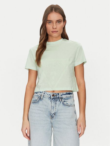 Guess T-Shirt V2YI06 K8HM0 Zielony Regular Fit. Zielone t-shirty damskie Guess, xl, z aplikacjami, z bawełny, bez kołnierzyka, bez ramiączek. Za 79.99 zł.
