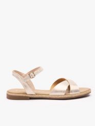 Platynowe płaskie sandały. Brązowe sandały damskie Ryłko, bez wzorów, z materiału, bez obcasa, na obcasie, bez zapięcia. Za 279.99 zł.