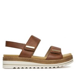 Sandały Remonte. Brązowe sandały damskie Remonte, bez wzorów, bez obcasa, na koturnie, bez zapięcia. Za 379.99 zł.