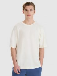 4F T-shirt oversize z modalem męski - biała L. Białe t-shirty męskie 4F, l, bez wzorów, z bawełny, bez kołnierzyka, bez ramiączek. W wyprzedaży za 59.99 zł.