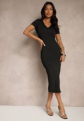 Czarna Sukienka Bodycon o Dopasowanym Kroju z Dekoltem w V Efrerina. Czarne sukienki damskie Renee, na co dzień, l, bez wzorów, z jeansu, eleganckie, bez kołnierzyka, bez ramiączek, midi, bodycon. Za 89.99 zł.