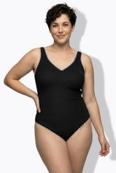 Damskie Strój kąpielowy struktura bez miękkich miseczek dekolt w serek. Czarne stroje kąpielowe damskie Ulla Popken, plus size, bez wzorów, z elastanu. Za 191.99 zł.