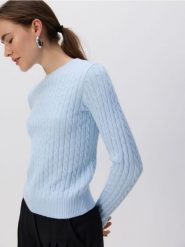Sweter z ozdobnym splotem - jasnoniebieski. Niebieskie swetry nierozpinane damskie Reserved, l, bez wzorów, z dzianiny, bez kołnierzyka, bez ramiączek. Za 99.99 zł.