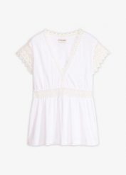 T-shirt z koronką. Czarne t-shirty damskie bonprix, bez wzorów, z koronki, eleganckie, bez kołnierzyka, bez ramiączek. Za 114.99 zł.