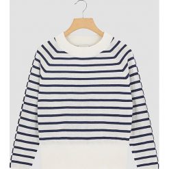 Sweter w kolorze granatowo-białym. Białe swetry nierozpinane damskie Rodier, s, bez wzorów, klasyczne, bez kołnierzyka, bez ramiączek. W wyprzedaży za 152.95 zł.