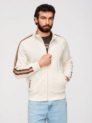 Męska bluza dresowa z wysokim kołnierzem i lampasami – kremowa V3 - Rozmiar: M. Białe bluzy męskie Ombre Clothing, m, z aplikacjami, z bawełny, sportowe, bez ramiączek, bez kaptura. Za 209.99 zł.