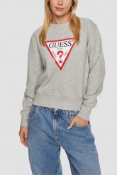 GUESS Szara damska bluza z logo Original Fleece, Rozmiar L. Szare bluzy damskie Guess, l, z aplikacjami, z materiału, sportowe, bez ramiączek, bez kaptura. W wyprzedaży za 319.99 zł.