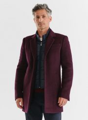 Bordowy płaszcz męski z odpinaną stójką. Czerwone płaszcze męskie Pako Lorente, m, z aplikacjami, z jeansu, eleganckie, bez kołnierzyka, bez kaptura. Za 399.99 zł.