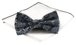 Mucha Męska z Białą Poszetką - Chattier - Grafit w Niebiesko-Białe Motywy. Niebieskie krawaty i muchy Chattier, bez wzorów, z mikrofibry, eleganckie. Za 59.00 zł.