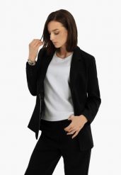 Dłuższa marynarka JB-KATSU. Czarne marynarki i żakiety damskie Volcano, bez wzorów, z elastanu, eleganckie, bez kołnierzyka, bez ramiączek. Za 229.99 zł.