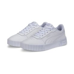 Młodzieżowe sneakersy Carina 2.0 PUMA White Silver Gray. Biała obuwie sportowe damskie Puma, bez wzorów, z materiału, bez zapięcia, trekkingowe. W wyprzedaży za 209.00 zł.