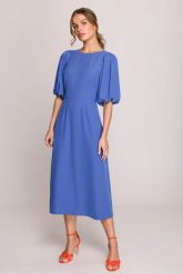 Elegancka sukienka koktajlowa bufiaste rękawy niebieska. Niebieskie sukienki damskie Stylove, na imprezę, l, bez wzorów, z elastanu, eleganckie, bez kołnierzyka, bez ramiączek, midi, dopasowane. Za 509.00 zł.