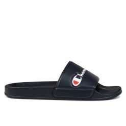 Klapki męskie basenowe Champion SLIDE VARSITY. Niebieskie klapki męskie Champion, bez wzorów, z gumy, bez zapięcia. Za 98.00 zł.