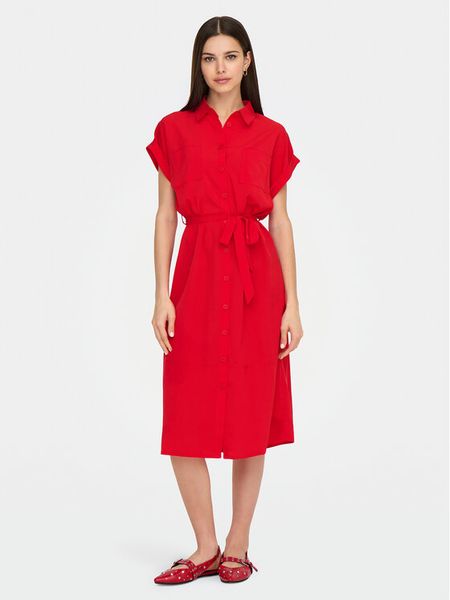 ONLY Sukienka koszulowa Hannover 15191953 Czerwony Regular Fit. Czerwone sukienki damskie ONLY, bez wzorów, z syntetyku, bez kołnierzyka, bez ramiączek, koszulowe. Za 109.99 zł.