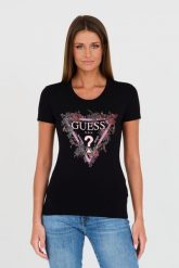 GUESS Czarny t-shirt z logo. Czarne t-shirty damskie Guess, s, z aplikacjami, z bawełny, bez kołnierzyka, bez ramiączek. W wyprzedaży za 184.99 zł.