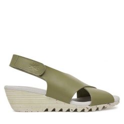 Sandały Fly London. Zielone sandały damskie Fly London, bez wzorów, bez obcasa, na koturnie, bez zapięcia. Za 420.99 zł.