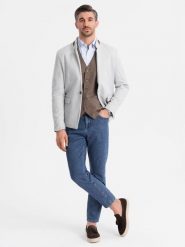 Męska melanżowa marynarka z dodatkiem rayonu ze stójką – szary melanż V4 - Rozmiar: XL. Szare marynarki męskie Ombre Clothing, l, bez wzorów, z materiału, casualowe, bez kołnierzyka, bez ramiączek. W wyprzedaży za 279.49 zł.