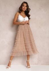 Beżowa Spódnica Midi z Tiulowymi Falbankami Kontha. Brązowe spódnice damskie Renee, m, bez wzorów, z tiulu, eleganckie, midi. Za 149.99 zł.