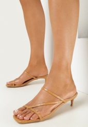 Brązowe Klapki na Niskiej Szpilce z Cienkimi Paseczkami Xandra. Brązowe klapki damskie Born2be, bez wzorów, eleganckie, bez obcasa, na obcasie, bez zapięcia. Za 59.99 zł.