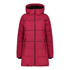 Damska kurtka z kapturem CMP. Czerwone kurtki sportowe damskie CMP, na zimę, bez wzorów, z puchu, bez ramiączek, z kapturem, narciarskie. Za 916.50 zł.
