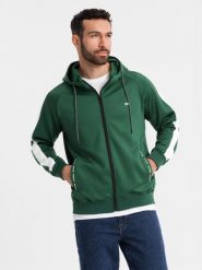 Rozpinana męska bluza z kapturem i lampasami - ciemnozielona V7 OM-SSZP-0210 XXL. Zielone bluzy męskie Ombre, m, bez wzorów, bez ramiączek, z kapturem. Za 393.34 zł.