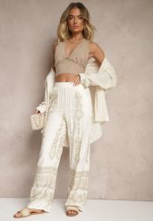 Beżowe Szerokie Spodnie z Lnem i Bawełną High Waist z Haftem i Metaliczną Nicią Serilia. Brązowe spodnie materiałowe damskie Renee, bez wzorów, z bawełny, eleganckie, z podwyższonym stanem. Za 64.99 zł.