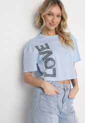 Niebieski Krótki Bawełniany T-shirt z Napisem Sannirra. Niebieskie t-shirty damskie Born2be, m, bez wzorów, z bawełny, klasyczne, bez kołnierzyka, bez ramiączek. Za 34.99 zł.