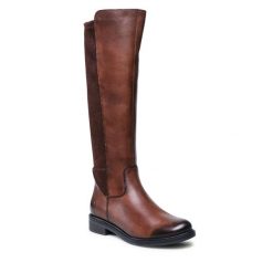 Kozaki Remonte. Brązowe kozaki damskie Remonte, bez wzorów, bez obcasa, na słupku, bez zapięcia. Za 370.99 zł.