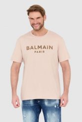 BALMAIN Beżowy męski t-shirt z aksamitnym logo flock and foil, Rozmiar 2XL. Brązowe t-shirty męskie Balmain, l, bez wzorów, bez kołnierzyka, bez ramiączek. W wyprzedaży za 1,499.99 zł.