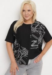 Czarna Bawełniana Bluzka T-shirt z Krótkim Rękawem z Nadrukiem i Guzikami Fiomara. Czarne bluzki damskie Born2be, l, bez wzorów, z bawełny, biznesowe, bez kołnierzyka, bez ramiączek. Za 54.99 zł.