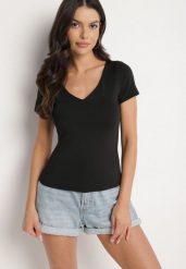 Czarny T-shirt z Wiskozą o Dopasowanym Kroju z Dekoltem w Serek Folarisse. Czarne t-shirty damskie Born2be, l, bez wzorów, z jeansu, bez kołnierzyka, bez ramiączek. Za 74.99 zł.