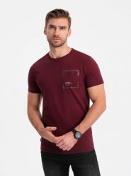 Bawełniany męski t-shirt z nadrukiem na kieszonce – bordowy V2 OM-TSPT-0154 - XXL. Czerwone t-shirty męskie Ombre Clothing, l, bez wzorów, z bawełny, bez kołnierzyka, bez ramiączek. Za 89.99 zł.