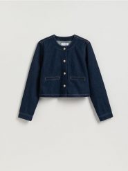 Jeansowa marynarka - granatowy. Niebieskie marynarki i żakiety damskie Reserved, bez wzorów, z denimu, bez kołnierzyka, bez ramiączek. Za 129.99 zł.