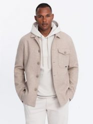 Lekka flauszowa męska kurtka z dodatkiem wiskozy – beżowa V1 OM-JANP-0199 - XXL. Brązowe kurtki męskie Ombre Clothing, m, bez wzorów, z materiału, klasyczne, bez kaptura. Za 209.99 zł.