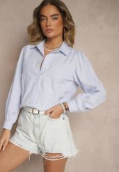 Niebieska Koszula z Bawełny Ozdobiona Haftem Dovelira. Niebieskie koszule damskie Renee, l, bez wzorów, z bawełny, biznesowe, bez kołnierzyka, bez ramiączek. Za 59.99 zł.