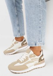 Ciemnobeżowe Sneakersy z Kolorowymi Wstawkami Rawilo. Brązowe obuwie sportowe damskie Born2be, bez wzorów, z dresówki, bez zapięcia. Za 89.99 zł.